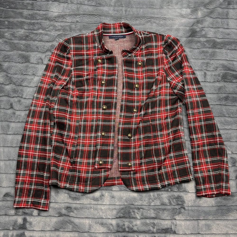 Tommy Hilfiger Womens Red Plaid Military Crest Button Open Front Jacket Large